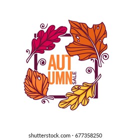 autumn sale, bright fall leaves discount banner template, doodle style