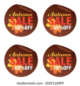 Autumn sale brown stickers set with autumn orange, yellow leaves. Autumn Sale 50%, 55%, 60%, 70% off. Vector illustration
