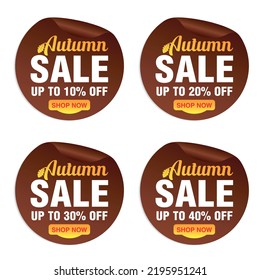 Autumn sale brown stickers set. Sale up to 10%, 20%, 30%, 40% off. Vector illustration