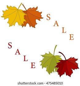 Autumn sale card with bright maple leaves on white background. Vector illustration.