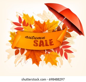 Autumn Sale Card With Colorful Leaves And Umbrella. Vector.