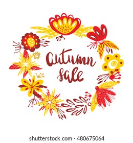 Autumn Sale Card. Hand written text in autumn wreath of various ornamental autumn flowers with space for text