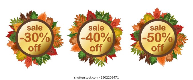 autumn sale, collection of golden stickers with a wreath of fallen leaves in muted tones, vector illustration for seasonal autumn discounts