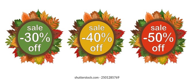 autumn sale collection of stickers with a wreath of fallen leaves in muted tones, vector illustration for seasonal autumn discounts