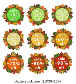 autumn sale, collection of stickers with a wreath of fallen leaves in muted tones, vector illustration for seasonal autumn discounts