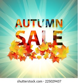 Autumn Sale collection. Vector background with sun, yellow leaves and ribbon. Text design.