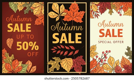 Autumn sale colorful set banners with petals of different shades for promotion and attracting new customers to store vector illustration