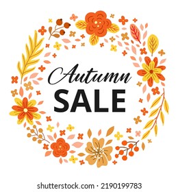 Autumn sale colorful square card. Floral ornamental banner with leaves and branches pattern of autumnal colors. Brochure design shades of orange and yellow. EPS 10 vector illustration.