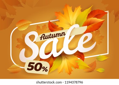 Autumn sale in colorful tones. Advestising banner with yellow and red leaves. Season discount. Vector illustration flyer.
