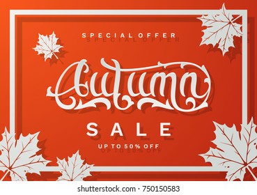 Autumn sale colorful Vector illustration with lettering and decorate maple leaves. Fall promotion layout for shopping sale or promo poster and frame leaflet or banner.