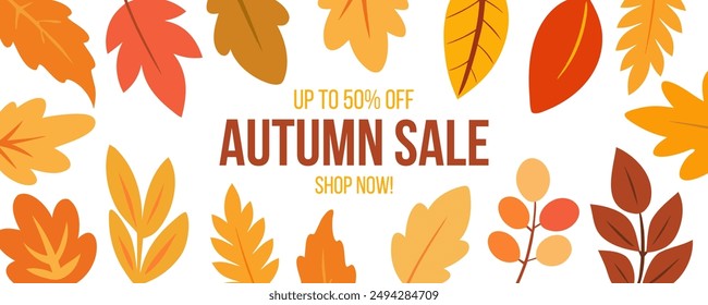 Otoño Venta Comercial. Anuncio promocional de la venta de la temporada de otoño con las hojas de otoño. Ilustración vectorial.