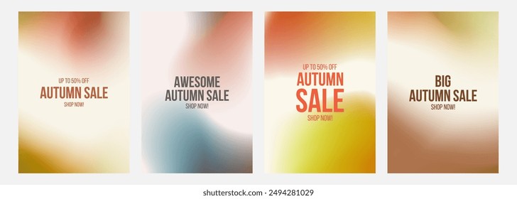 Autumn Sale commercial set. Fall season sales promotional backgrounds with soft color blurred gradients. Vector illustration.