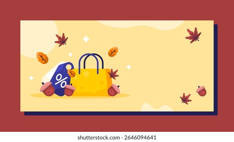 an autumn sale concept banner. special promotions and offers in autumn. illustration of shopping bags with discount labels and fallen leaves. acorns. horizontal orange background. flat style