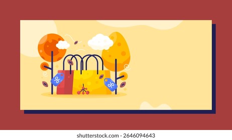 an autumn sale concept banner. special promotions and offers in autumn. illustration of shopping bags with discount labels, autumn trees. horizontal orange background