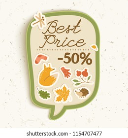Autumn sale concept with fox sock leaves cowberry hedgehog dragonfly paper stickers on price tag isolated vector illustration
