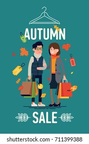 Autumn sale concept layout with shopping couple wearing warm clothes, flat design, vector. Ideal for autumn season themed advertising design. Man and woman in cold season outfits holding shopping bags