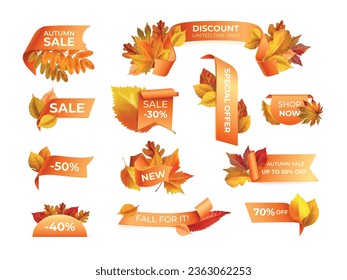 Esquinas de venta otoñales. Etiquetas de ofertas especiales de temporada de otoño, etiqueta de cinta 30 por ciento descuento botón de promoción hoja natural hojas de setiembre etiqueta marco vectorial ilustración de otoño venta esquina otoño