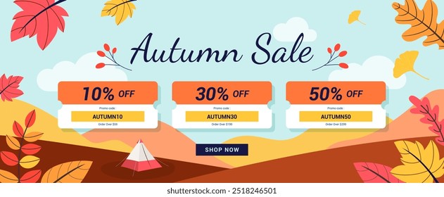 Autumn Sale Gutschein Rabatt Banner Design Vektorgrafik. Campingplätze im Herbst. Flaches Design