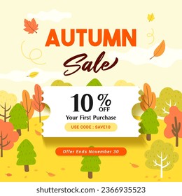 Autumn sale coupon template vector illustration. Autumn landscape background. Promotion coupon code.