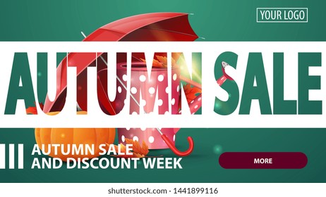 Autumn sale, creative green discount web banner for your website with garden watering can, umbrella and ripe pumpkin