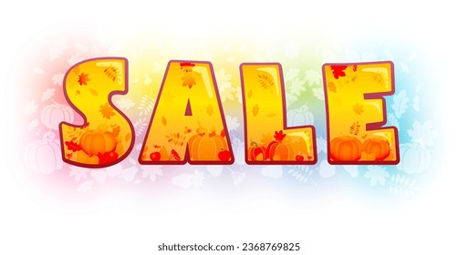 Autumn sale creative illustration. 3D word S A L E with clipping mask. Advertising design concept. Fall leaves and pumpkins. Harvest holiday decoration. Thanksgiving event discount coupon or gift card