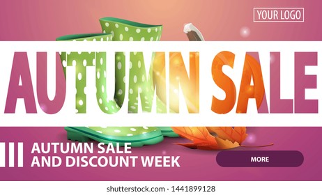 Autumn sale, creative pink discount web banner for your website with rubber boots and pumpkin