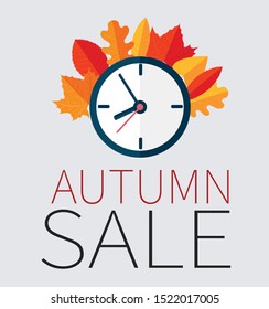 Autumn sale design background. Flat style clock with autumn leaves behind it. Simple vector illustration.