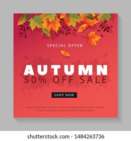 Autumn Sale Design with Falling Leaves and Lettering on Light Background. Autumnal Vector Illustration with Special Offer Typography Elements for Coupon, Voucher, Banner, Flyer