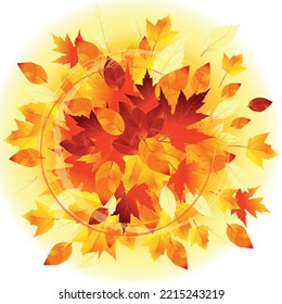 Autumn Sale Design with Falling Leaves on on light yellow background. Autumnal Vector Illustration with round elements for Special Offer, for Coupon, Voucher, Banner, Flyer, Poster or textile design