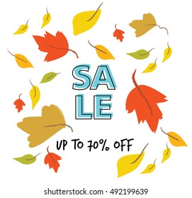 Autumn sale design with flying maple, oak leaves. Fall sale vector illustration. 
