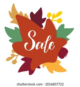 Autumn sale design with lettering text and colourful leaves, berries around in cartoon style. Vector illustration for banner, poster, flayer, wrapping paper, print and advertisement.