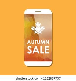 Autumn sale design on a smartphone mockup with geometric polygon style modern screen. Online shopping illustration.