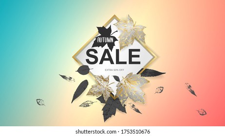 Autumn sale design poster, banner, flyer, sticker template with golden autumnal maple leaf on yellow, green and red background. Bright fall season leaves on sticker. Promotion vector illustration
