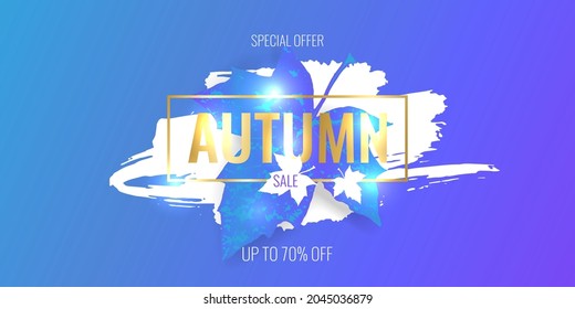 Autumn sale design poster, banner, flyer, sticker template with realistic gradient autumnal maple leaf on trend background. Bright fall season leaves. Promotion abstract vector illustration