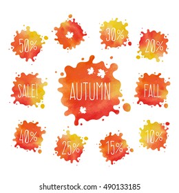 Autumn Sale Design Template in colorful watercolor. Vector illustration. Paint spots and Sale lettering design. Business event concept. Use for shop banners, cards, for web site design.