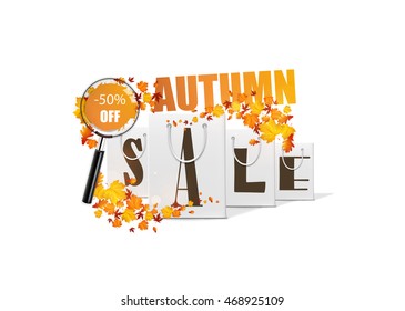 Autumn sale design template with shopping bag. Vector Illsutration,