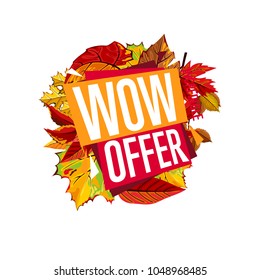 Autumn sale design template, vector illustration. Wow offer, incredible sale proposition banner with colorful leaves on white background. Advertisement about autumnal discount. Poster design for shop