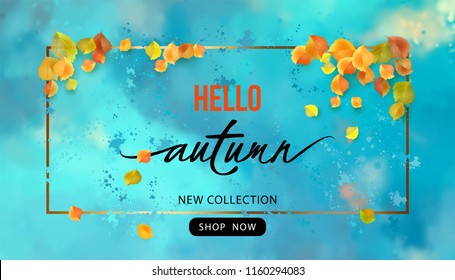 Autumn Sale Design. Vector fall banner. Flyer template with lettering and a frame on a blue watercolor background