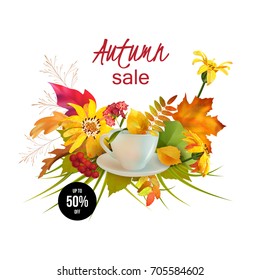 Autumn Sale Design. Vector fall banner. Flyer template with lettering.