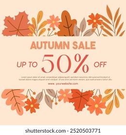 Autumn sale discount up to 50% template with autumn floral and leaves above and below. Vector illustration template for social media promotion.