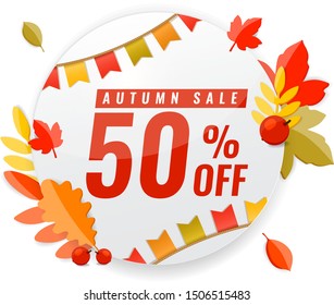 Autumn sale discount banner with berries and leaves. 50 OFF concept. Vector illustration.