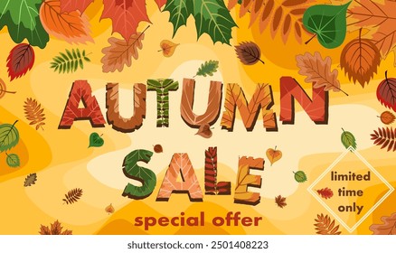 autumn sale, discount banner design on the background of colorful fallen leaves to promote purchases in the autumn season. bright vector illustration.