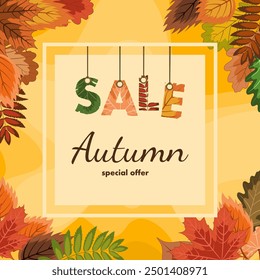 autumn sale, discount banner design on the background of colorful fallen leaves to promote purchases in the autumn season. bright vector illustration.