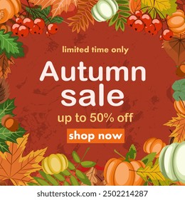 autumn sale, discount banner design on the background of colorful fallen leaves, pumpkins and rowan berries to promote purchases in the autumn season. bright vector illustration.