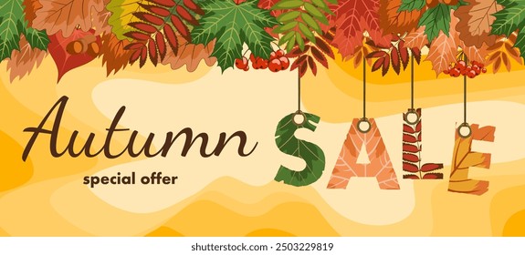 autumn sale, discount banner design on the background of colorful fallen leaves to promote purchases in the autumn season. bright vector illustration