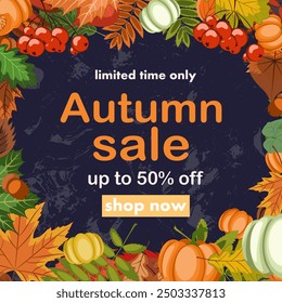 autumn sale, discount banner design on the background of colorful fallen leaves, pumpkins and rowan berries to promote purchases in the autumn season. bright vector illustration.