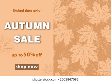autumn sale, discount banner design with a background of fallen maple leaves in powdery, beige tones, to promote purchases in the autumn season. elegant vector illustration