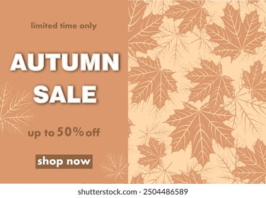 autumn sale, discount banner design with a background of fallen maple leaves in powdery, beige tones, to promote purchases in the autumn season. elegant vector illustration