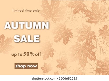autumn sale, discount banner design with a background of fallen maple leaves in powdery, beige tones, to promote purchases in the autumn season. elegant vector illustration