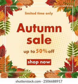 autumn sale, discount banner design on the background of colorful fallen leaves to promote purchases in the autumn season. bright vector illustration